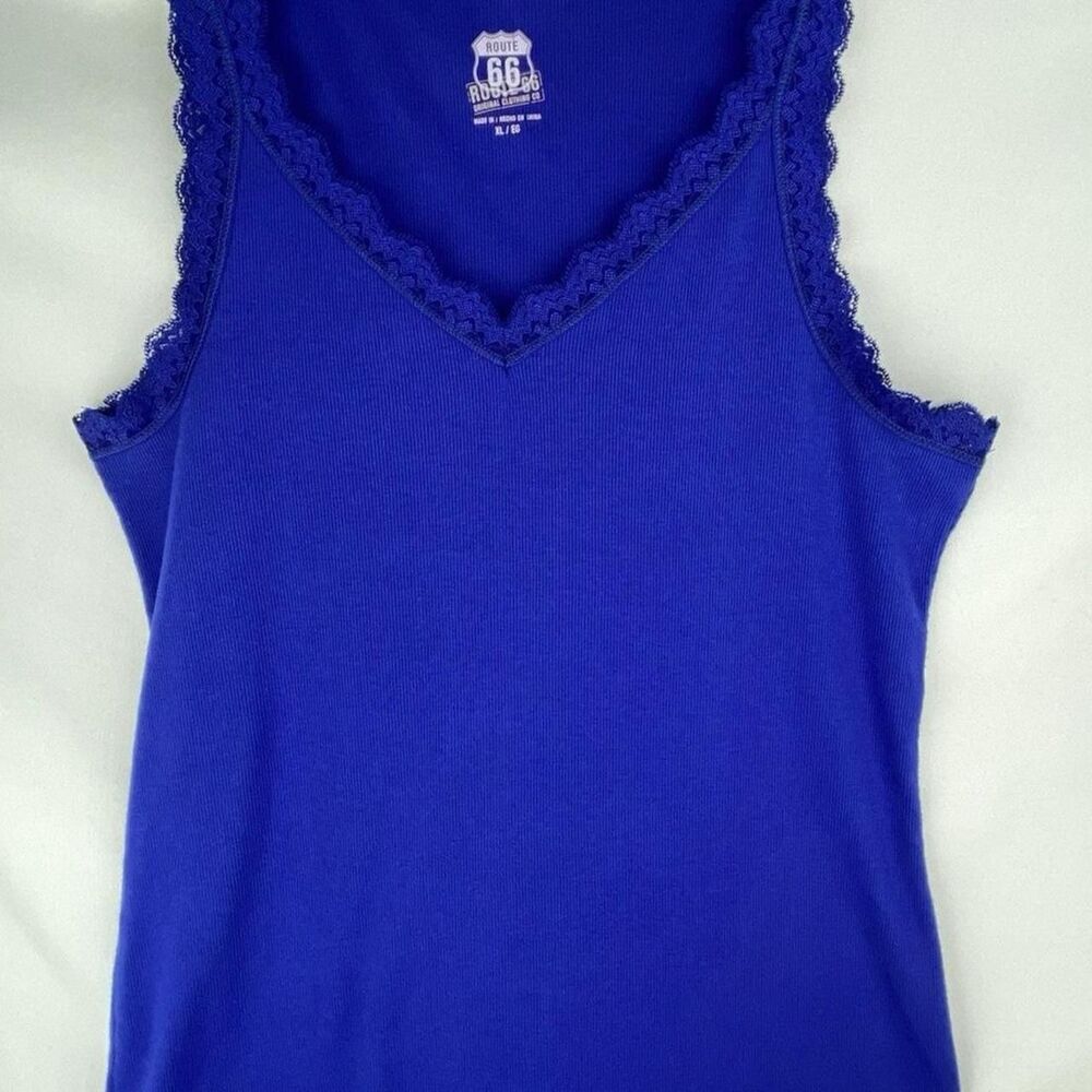 ROUTE 66 Womens XL Blue Lace Trim Tank Top Y2K Fairy Grunge Ribbed Cami